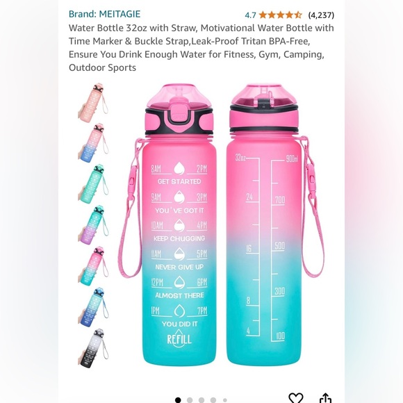 MEITAGIE Water Bottle 32oz with Straw, Motivational Water Bottle w Time Marker - Picture 5 of 10